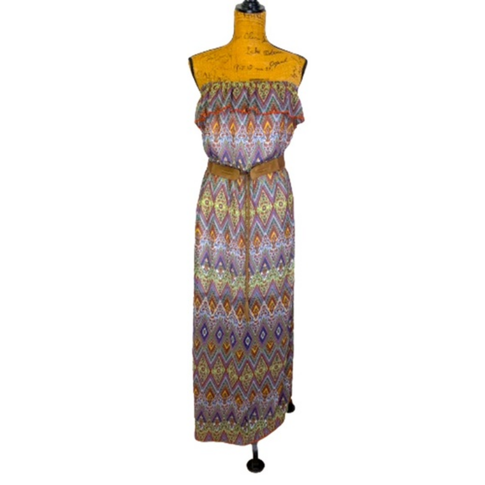 NO BOUNDARIES Multi-Color Geometric Paisley Print Strapless Maxi Dress‎